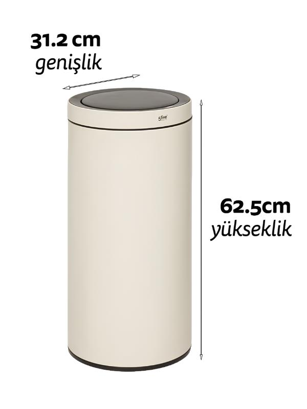 Beyaz arkaplanda 31.2 cm genişlik ve 62.5 cm yükseklik ölçülerine sahip bej silindirik çöp kutusu.
