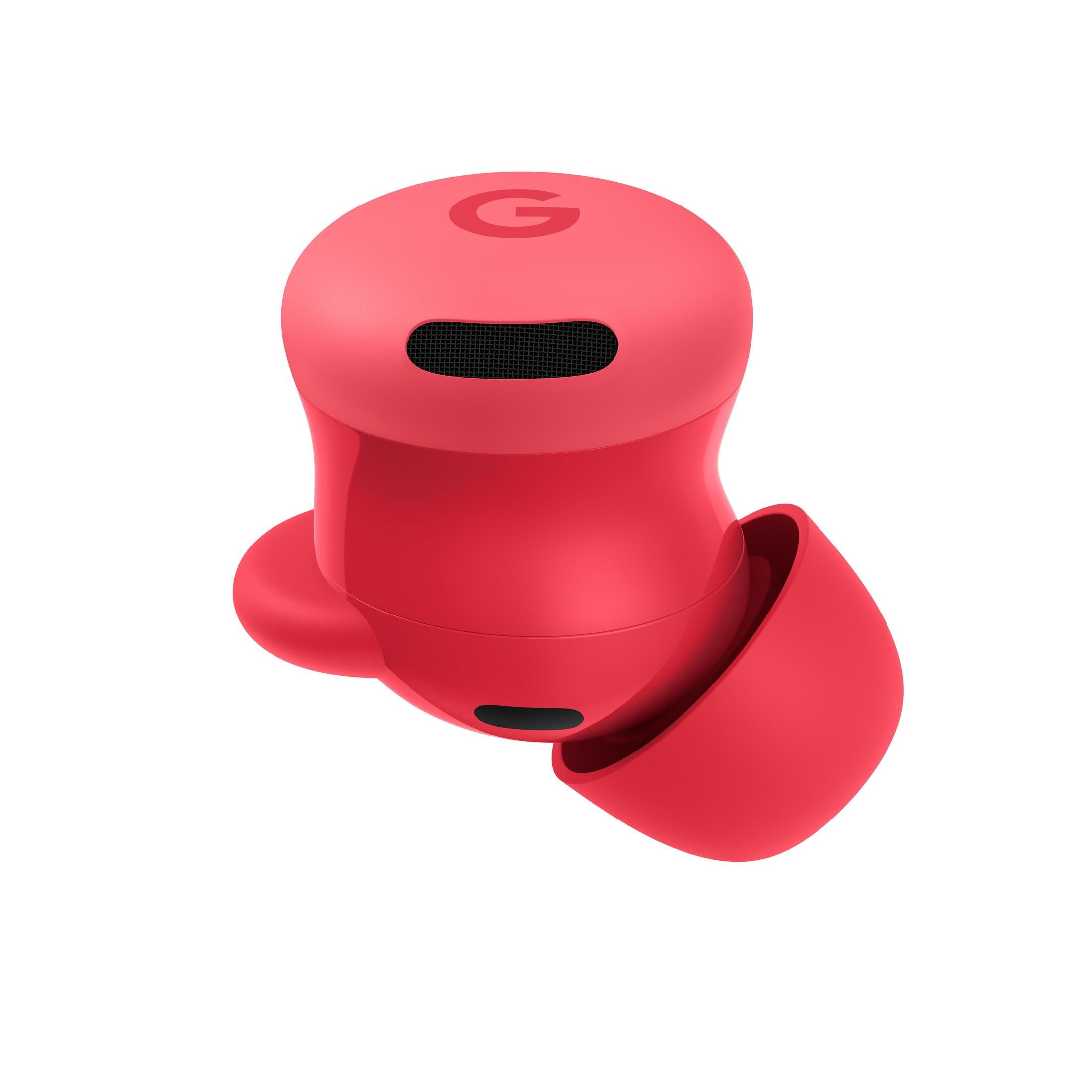 Un auricular intrauditivo rojo con el logotipo de Google arriba sobre fondo blanco.