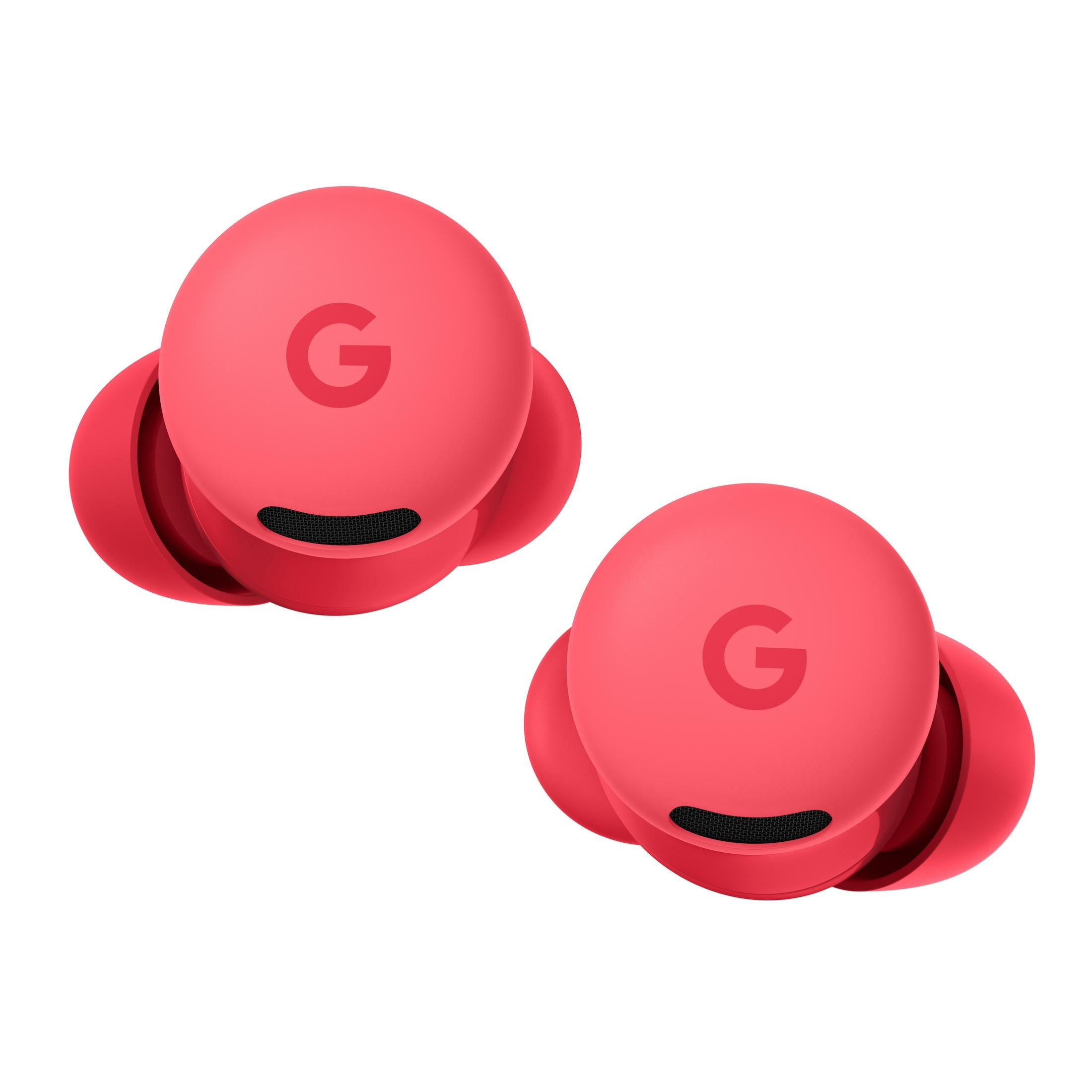Dos auriculares inalámbricos Google Pixel Buds rojos con rejilla negra sobre fondo blanco.
