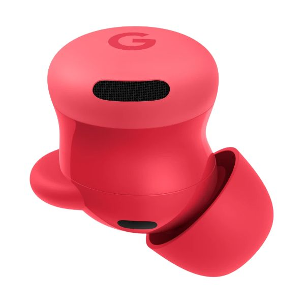 Un auricular rojo Google Pixel Buds con rejilla de altavoz negra y almohadilla integrada sobre fondo blanco.
