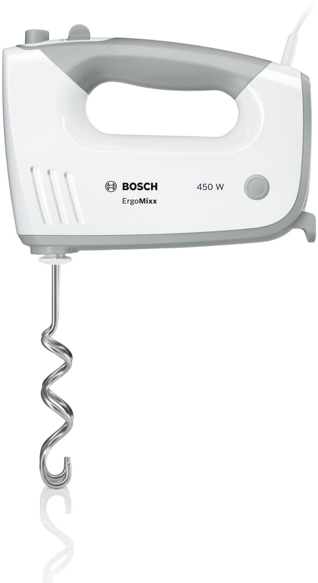 Biały mikser ręczny Bosch ErgoMixx o mocy 450 W ze spiralnym hakiem do ciasta na białym tle.