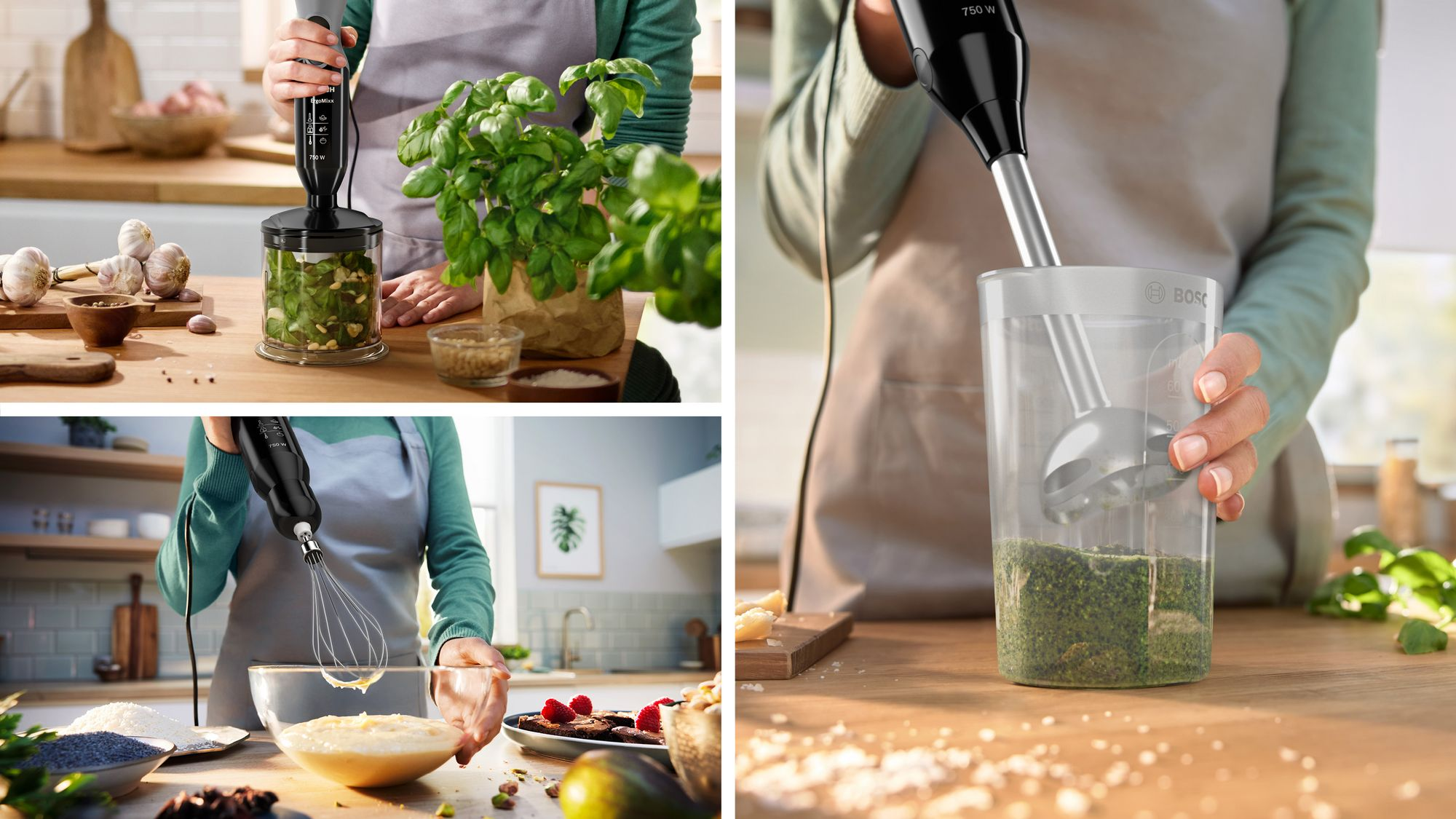 Una persona usa una batidora de mano en una cocina de madera para picar hierbas y mezclar masa.