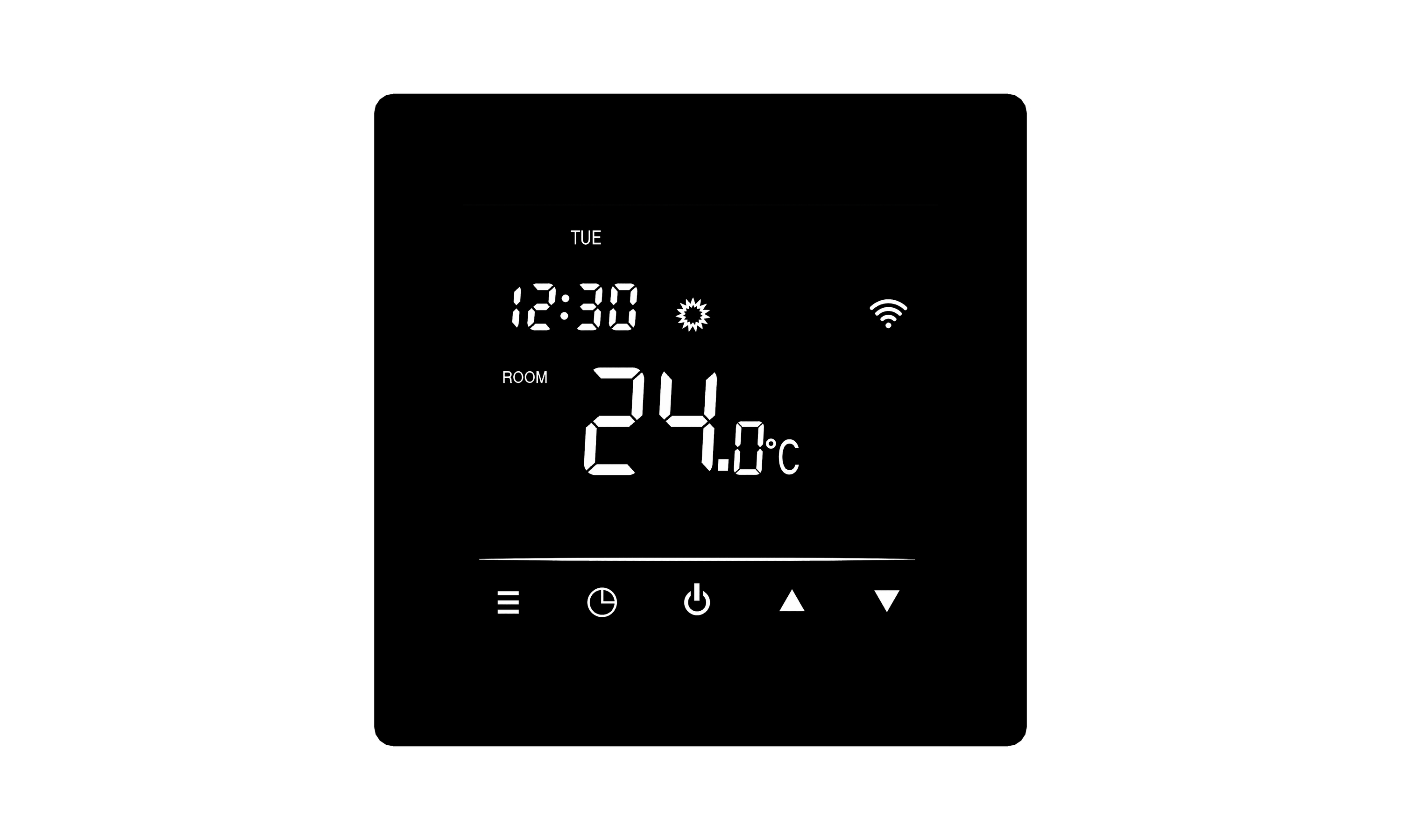 Schwarzes digitales Thermostat zeigt 24,0°C, 12:30 Uhr, Dienstag, WLAN und berührungsempfindliche Symbole.