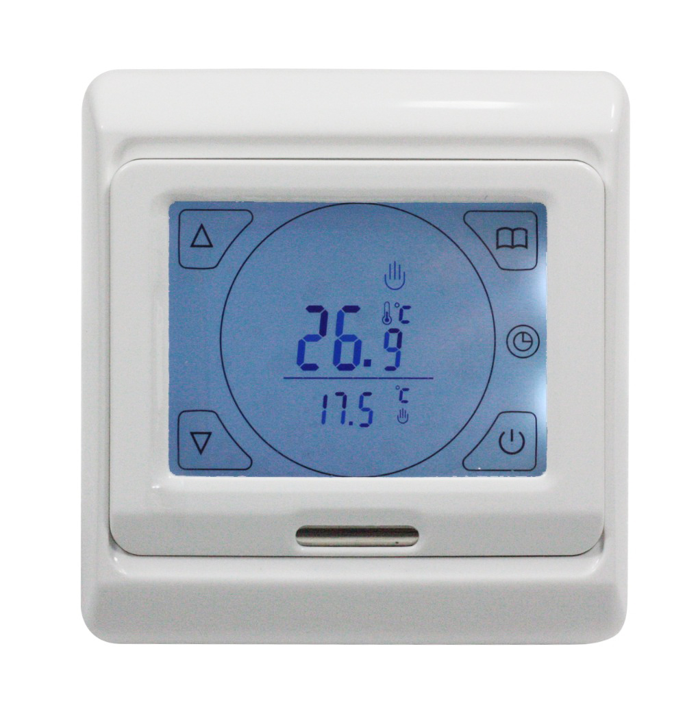 Ein weißer digitaler Thermostat zeigt 26,9 Grad Celsius mit Touch-Tasten um den blauen Bildschirm.