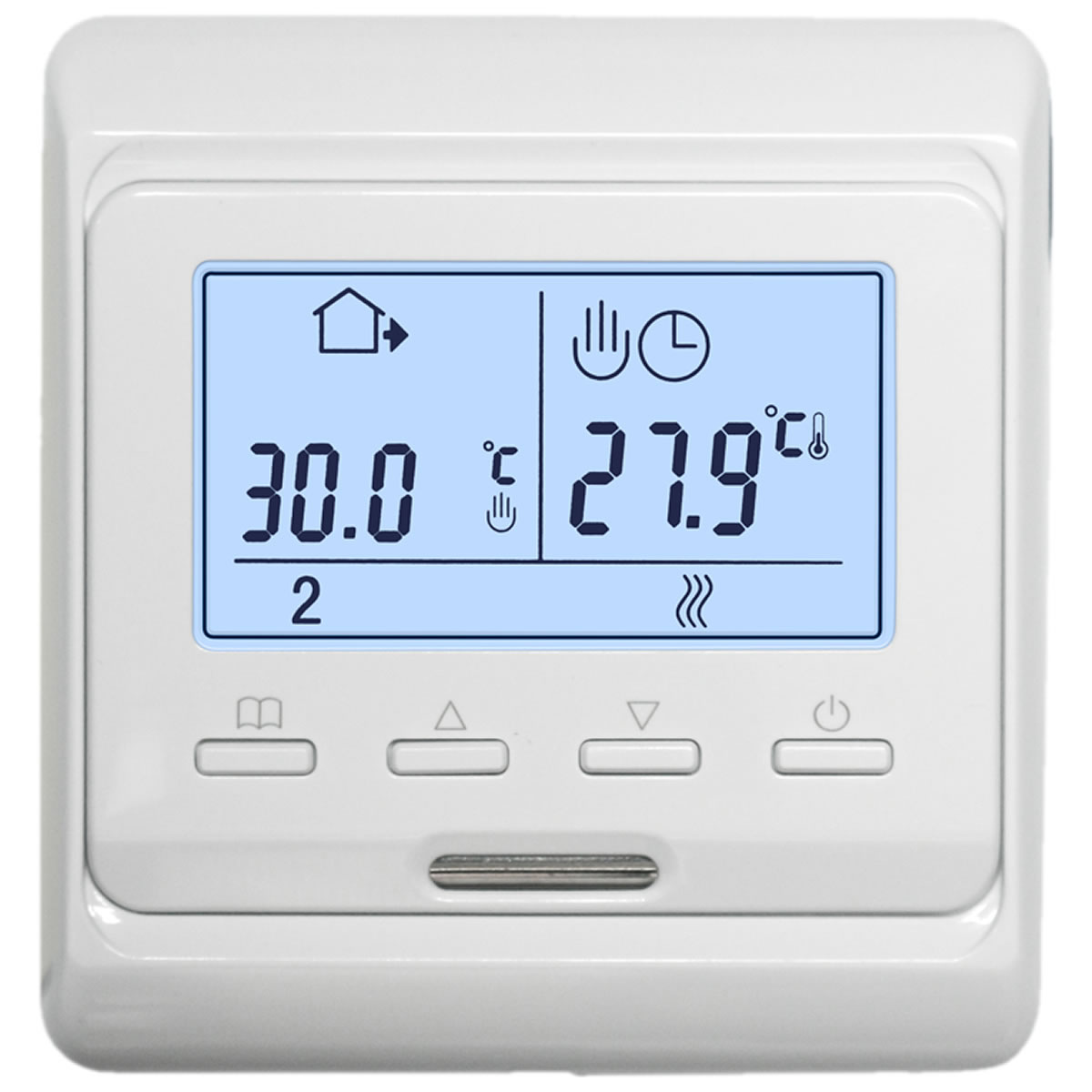Ein weißer digitaler Raumthermostat mit blauem Display zeigt 30,0°C und vier Tasten unten.