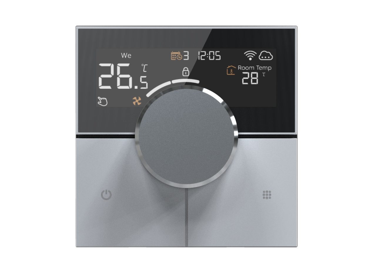 Moderner digitaler Thermostat mit Drehregler und Display auf schwarzem Hintergrund.