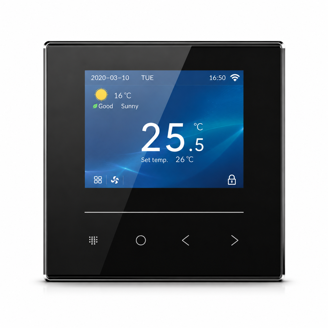 Ein schwarzes Smart-Home-Thermostat mit einem blauen Display zeigt 25,5 Grad Celsius an.