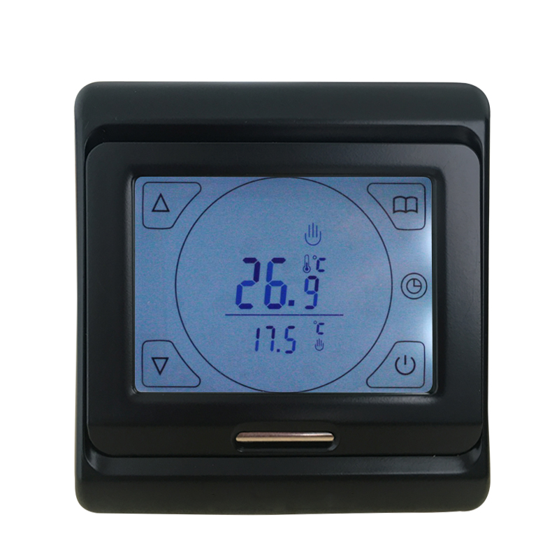 Schwarzer Thermostat mit blauem Display, das 26.9 Grad anzeigt, umgeben von weißen Bedientasten.