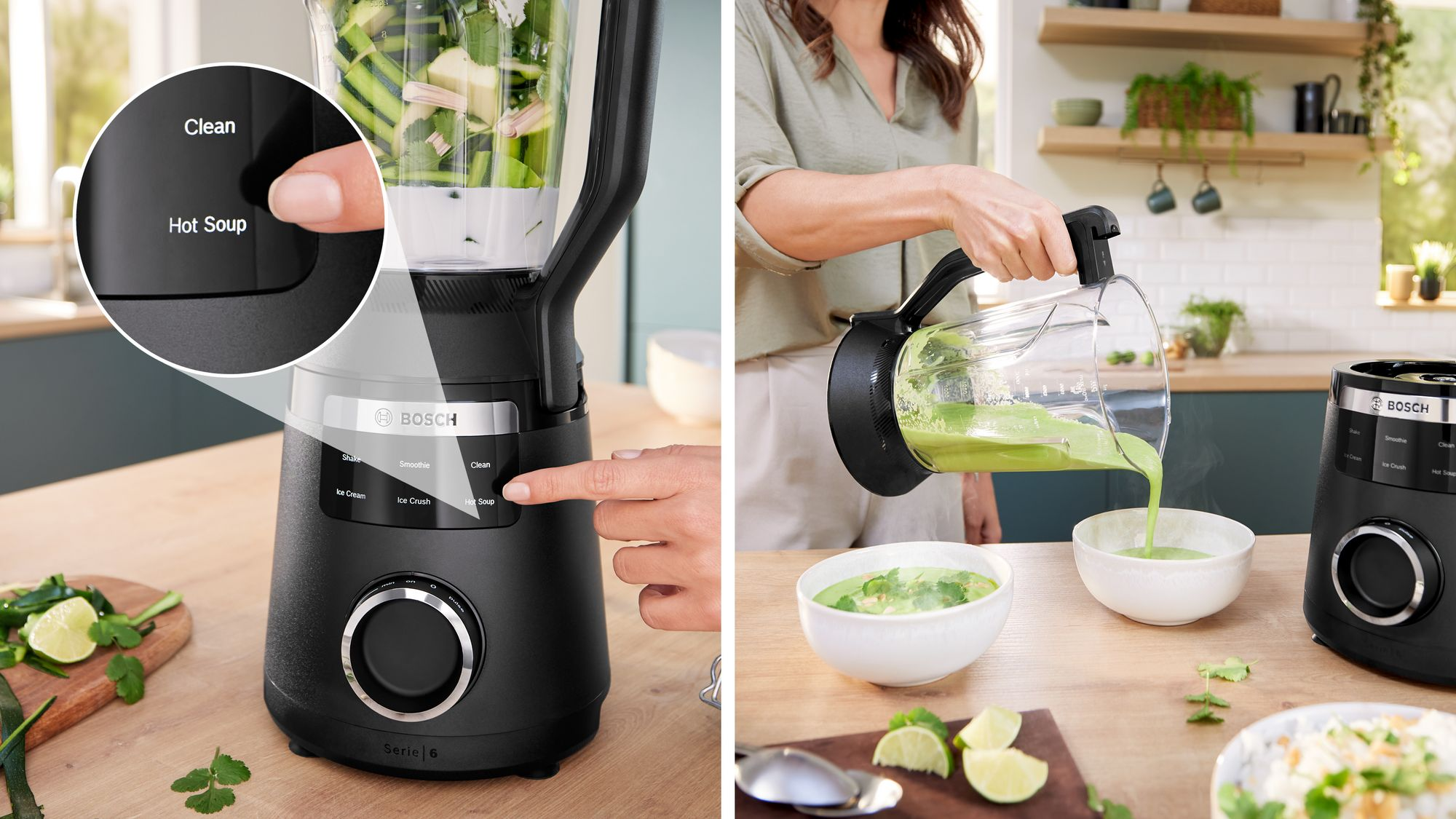Bir kadın siyah bir Bosch blender kullanıyor ve ahşap masa üzerindeki kaselere yeşil çorba döküyor.