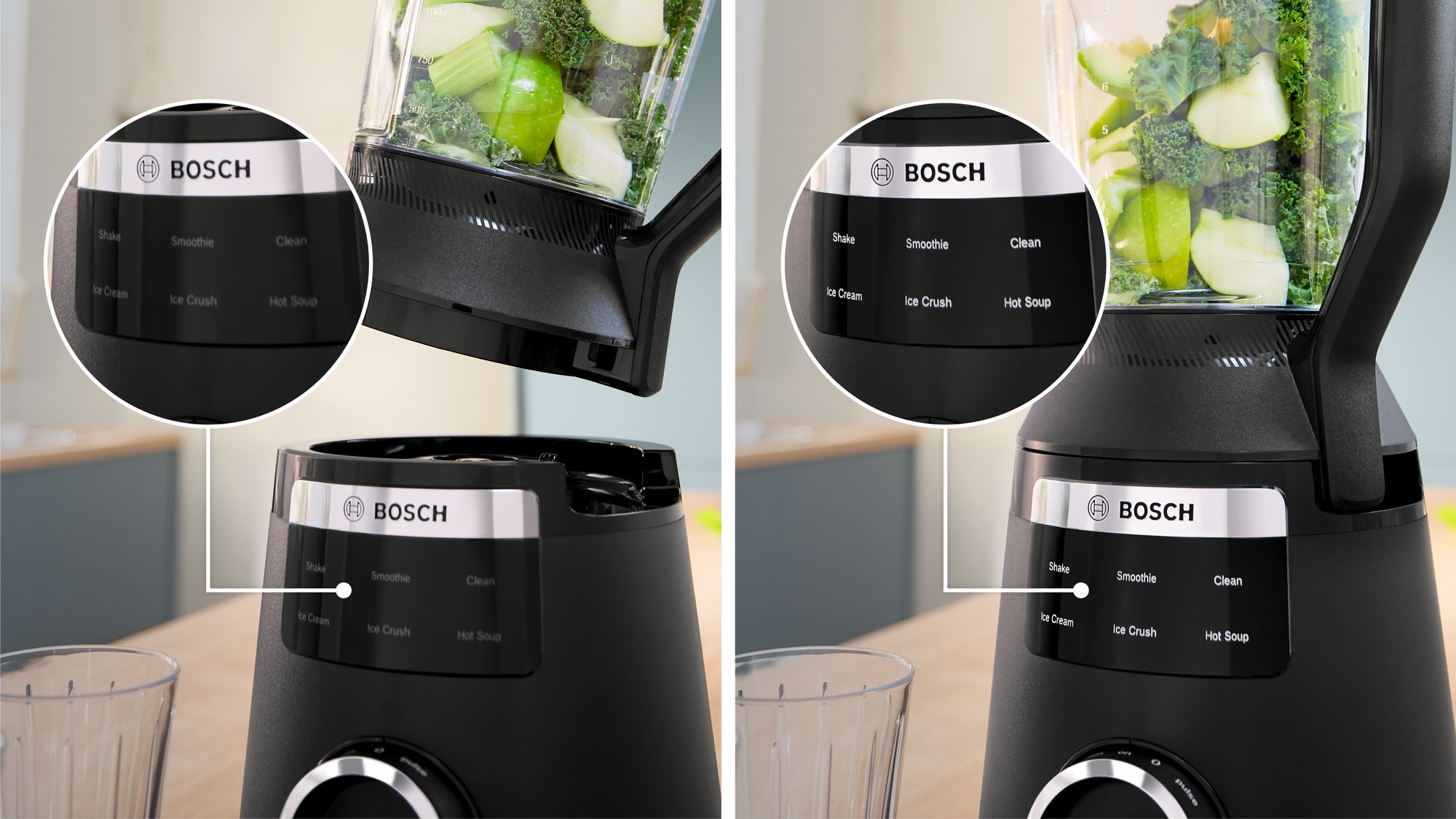 Yeşillik dolu bir Bosch blender siyah tabanına oturtuluyor, kontrol paneli görünüyor.