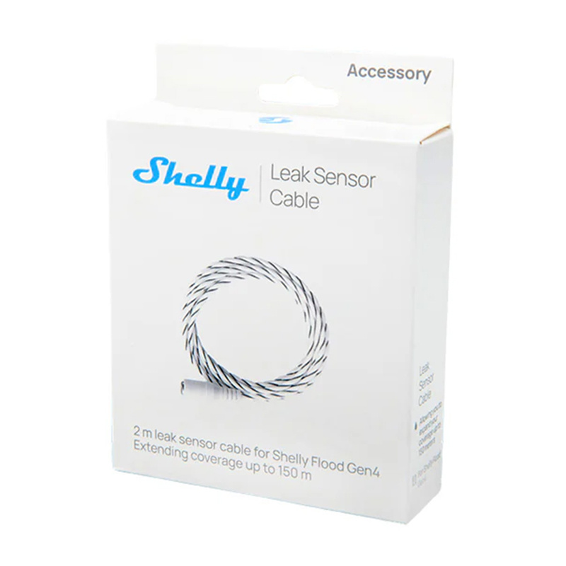 Weiße Produktverpackung für ein Shelley Leckagesensor-Kabel mit Spirale auf der Vorderseite.