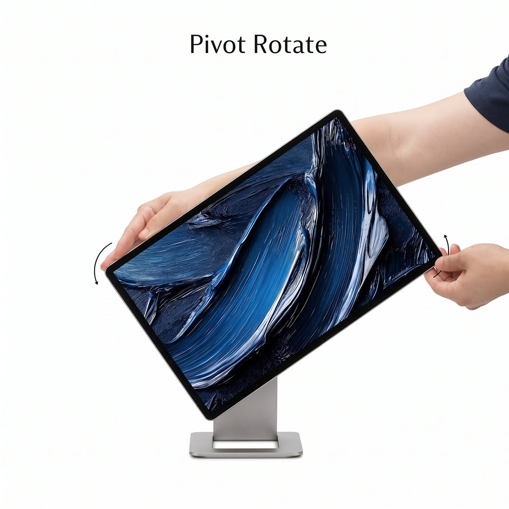 Manos giran un monitor con fondo azul en un soporte blanco, con texto Pivot Rotate.