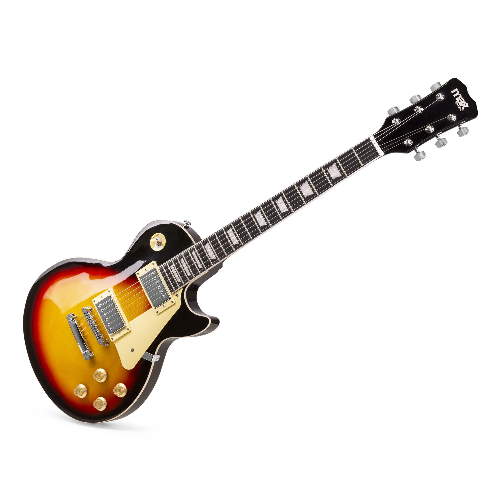 Una guitarra eléctrica con acabado sunburst, doble pastilla, herrajes cromados y diapasón oscuro.