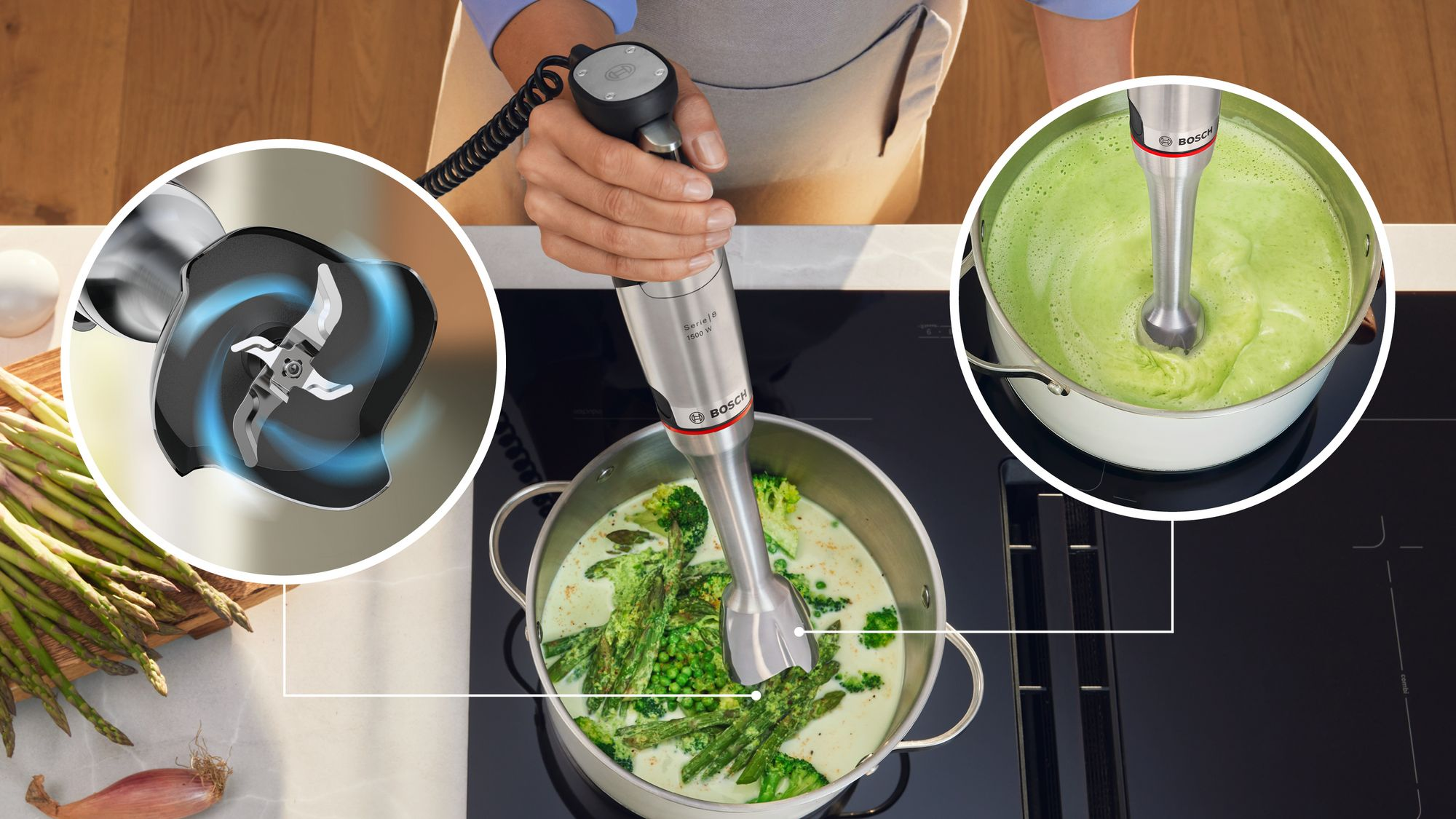 Persona che frulla verdure in una pentola con un frullatore ad immersione, con primi piani delle lame.