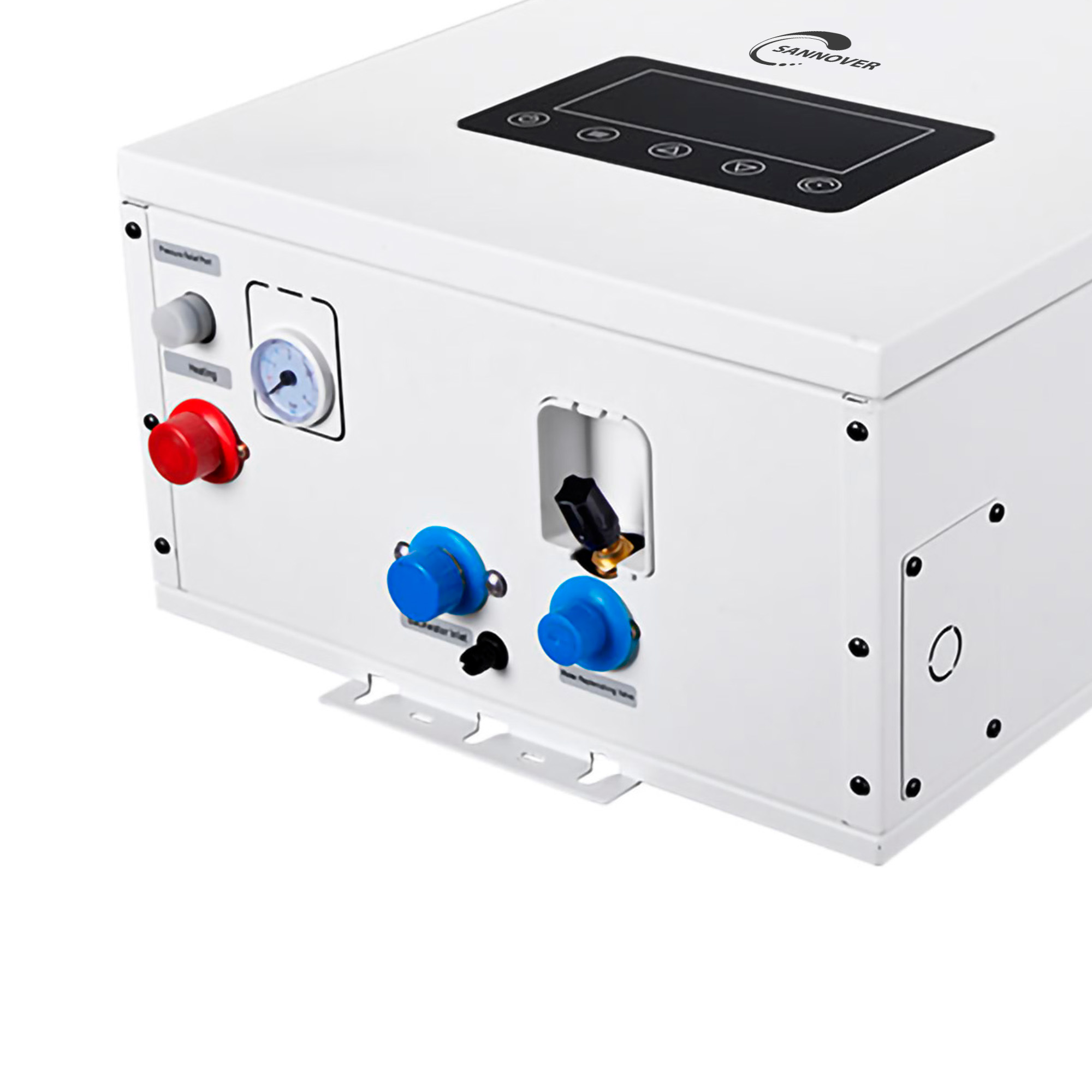 Dispositivo calefactor eléctrico blanco con pantalla, manómetro y botones.