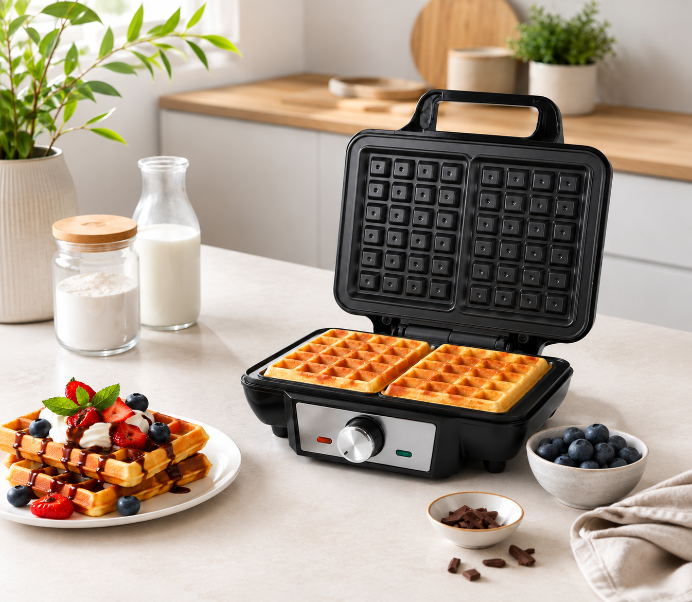 Una piastra per waffle aperta su un piano cucina con waffle freschi, bacche e latte.
