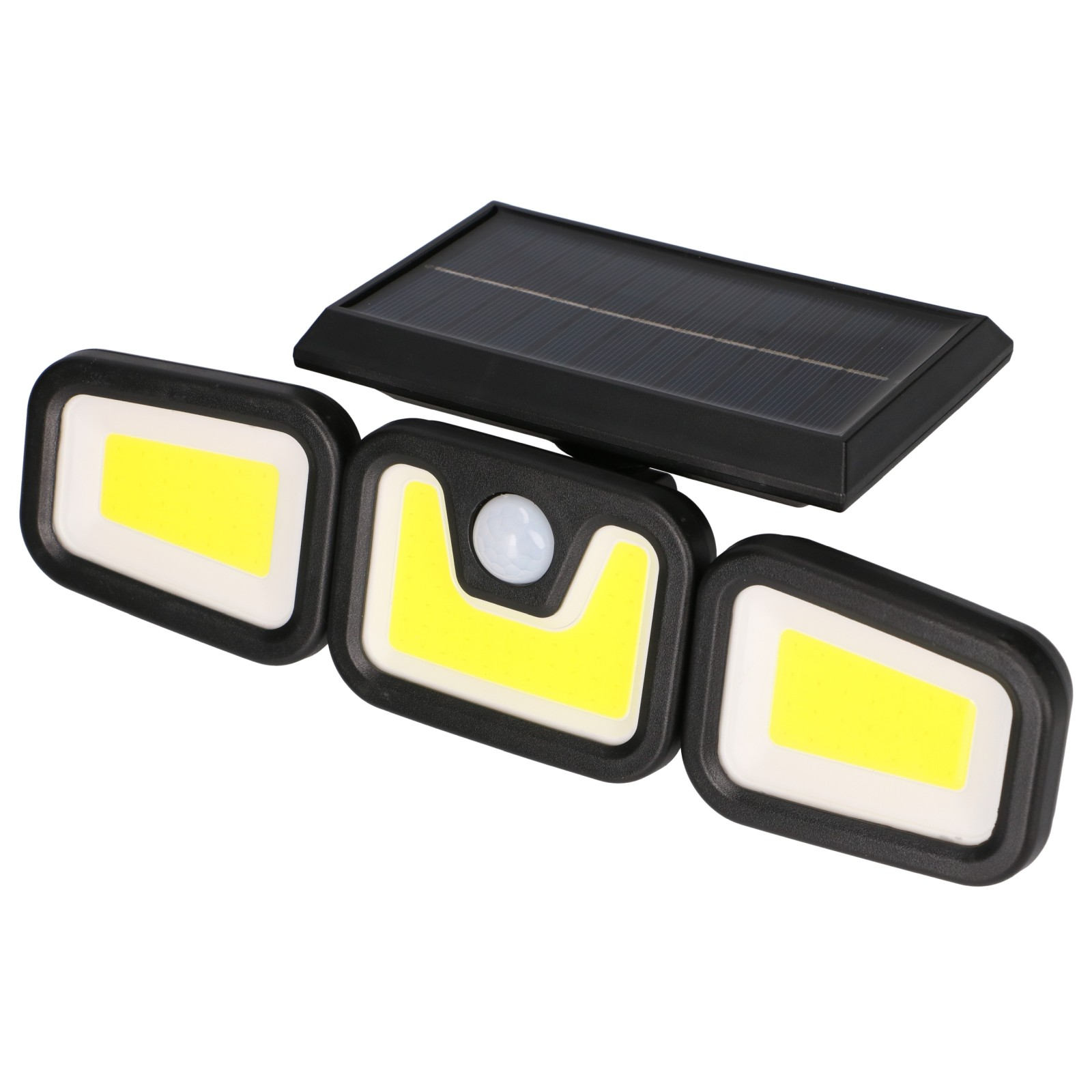 Czarna solarna lampa LED z trzema regulowanymi panelami i czujnikiem ruchu na białym tle.