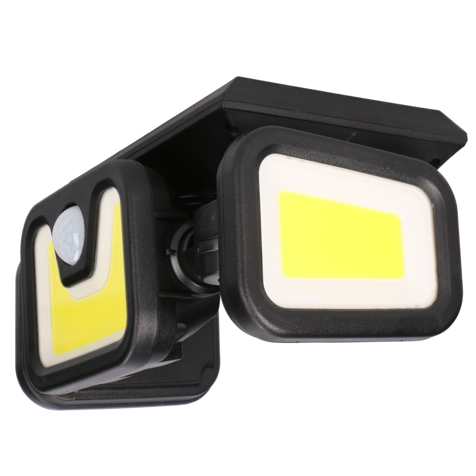 Czarna lampa solarna zewnętrzna z dwoma regulowanymi głowicami LED i czujnikiem ruchu na białym tle.