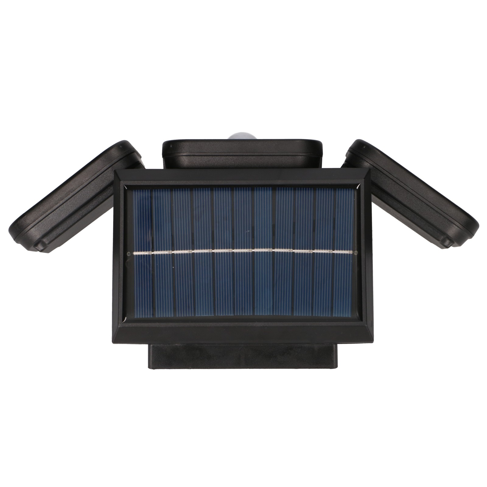 Czarny reflektor solarny LED z centralnym panelem i dwiema regulowanymi głowicami.