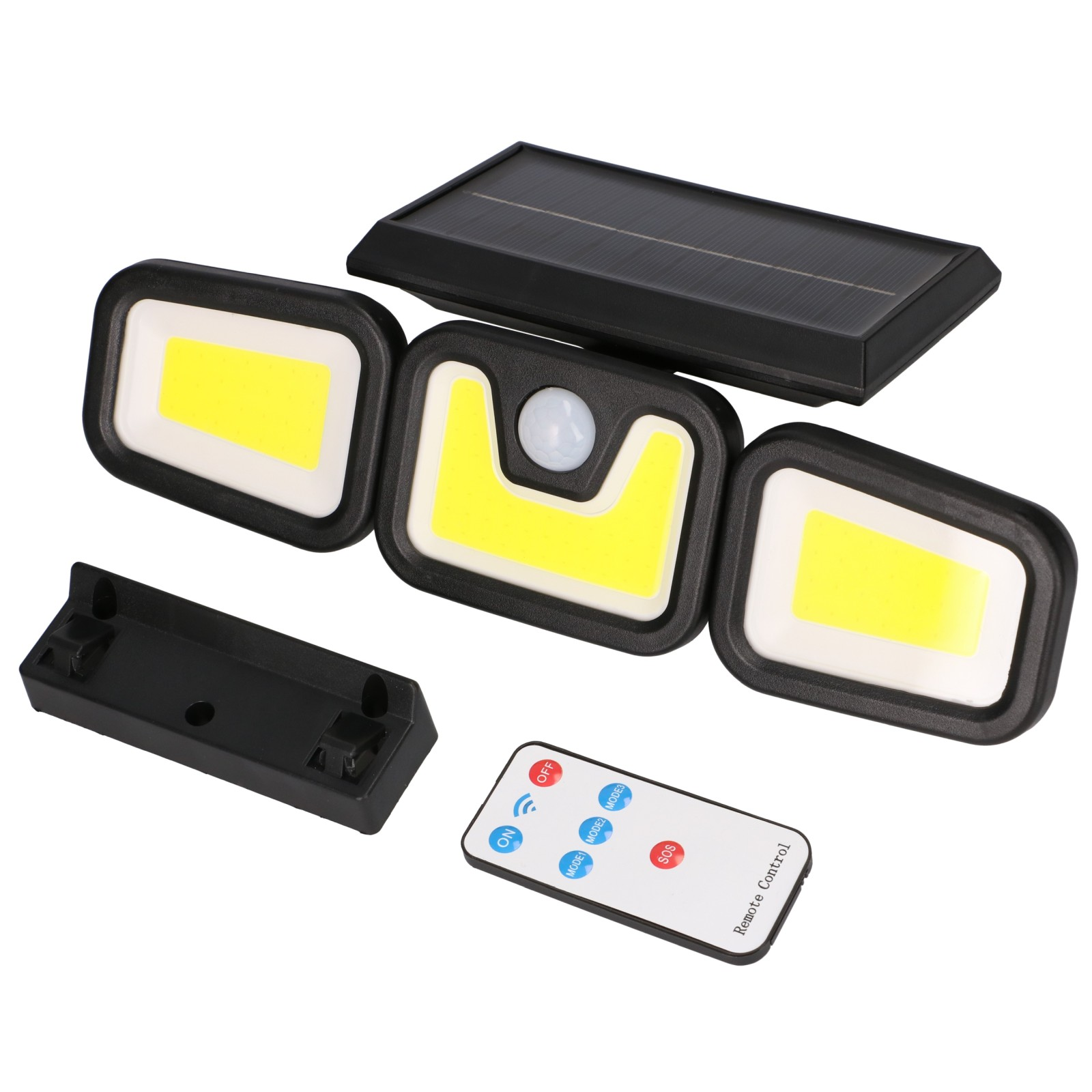 Sloneczna lampa scienna z trzema ruchomymi glowicami LED, czujnikiem ruchu, uchwytem i pilotem na bialym tle.