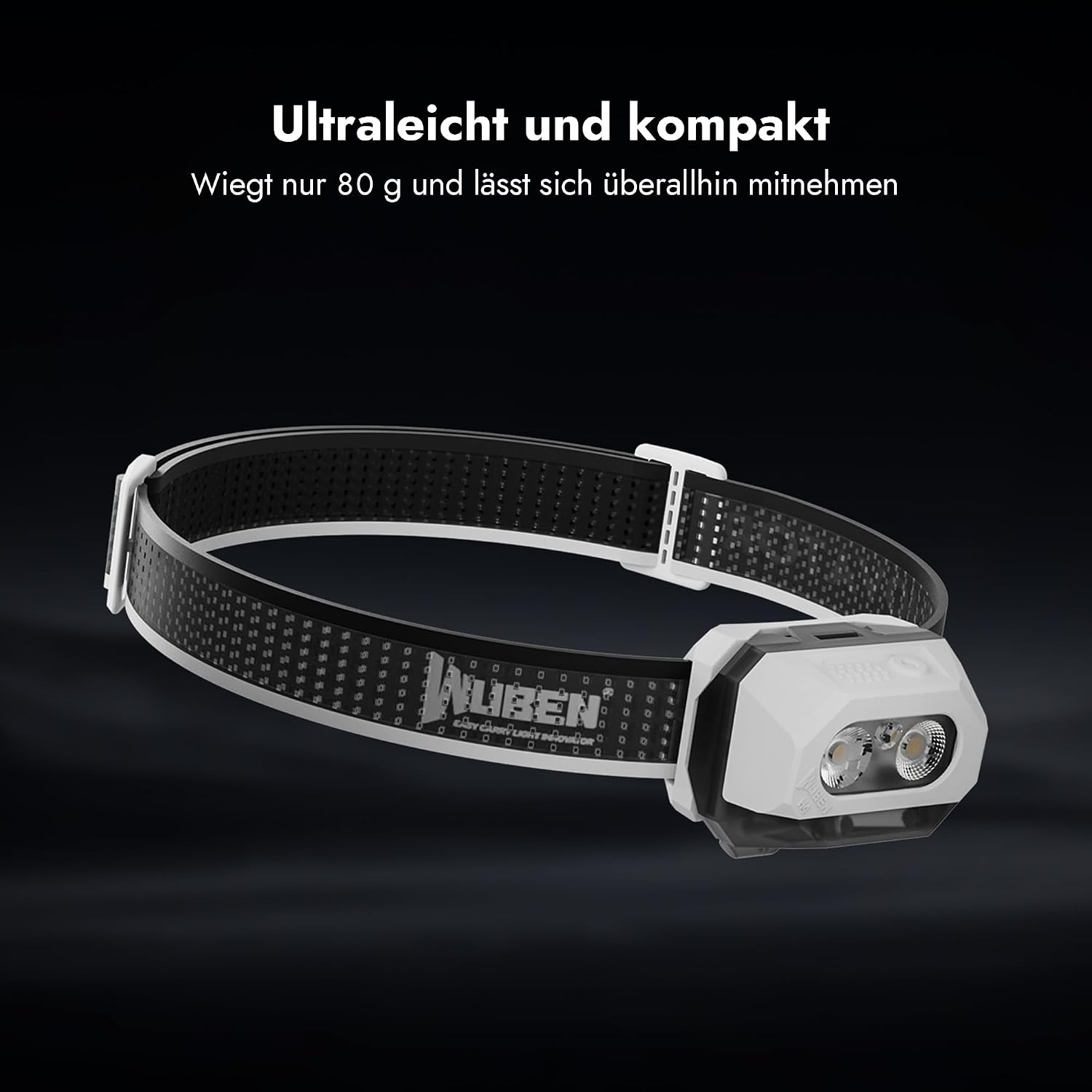 Ultraleichte weiße Kopflampe mit schwarzem Stirnband vor dunklem Hintergrund.