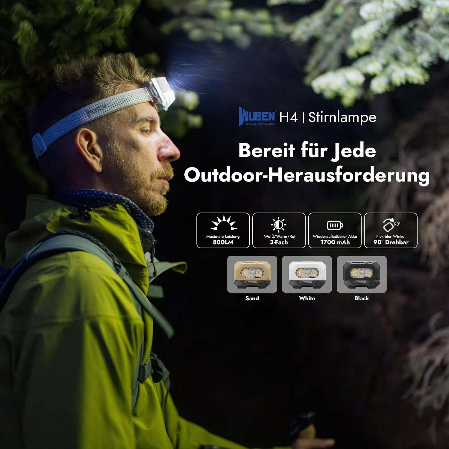 Ein Mann mit Stirnlampe im Wald, dazu Produktfeatures und Farbvarianten der Wuben H4.
