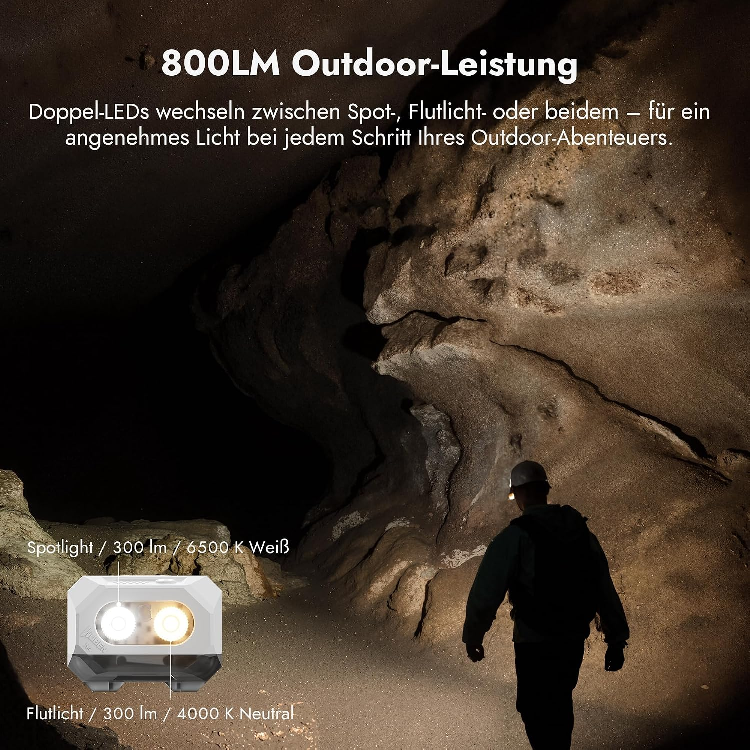 Wanderer beleuchtet eine dunkle Höhle mit einer LED-Stinlampe.