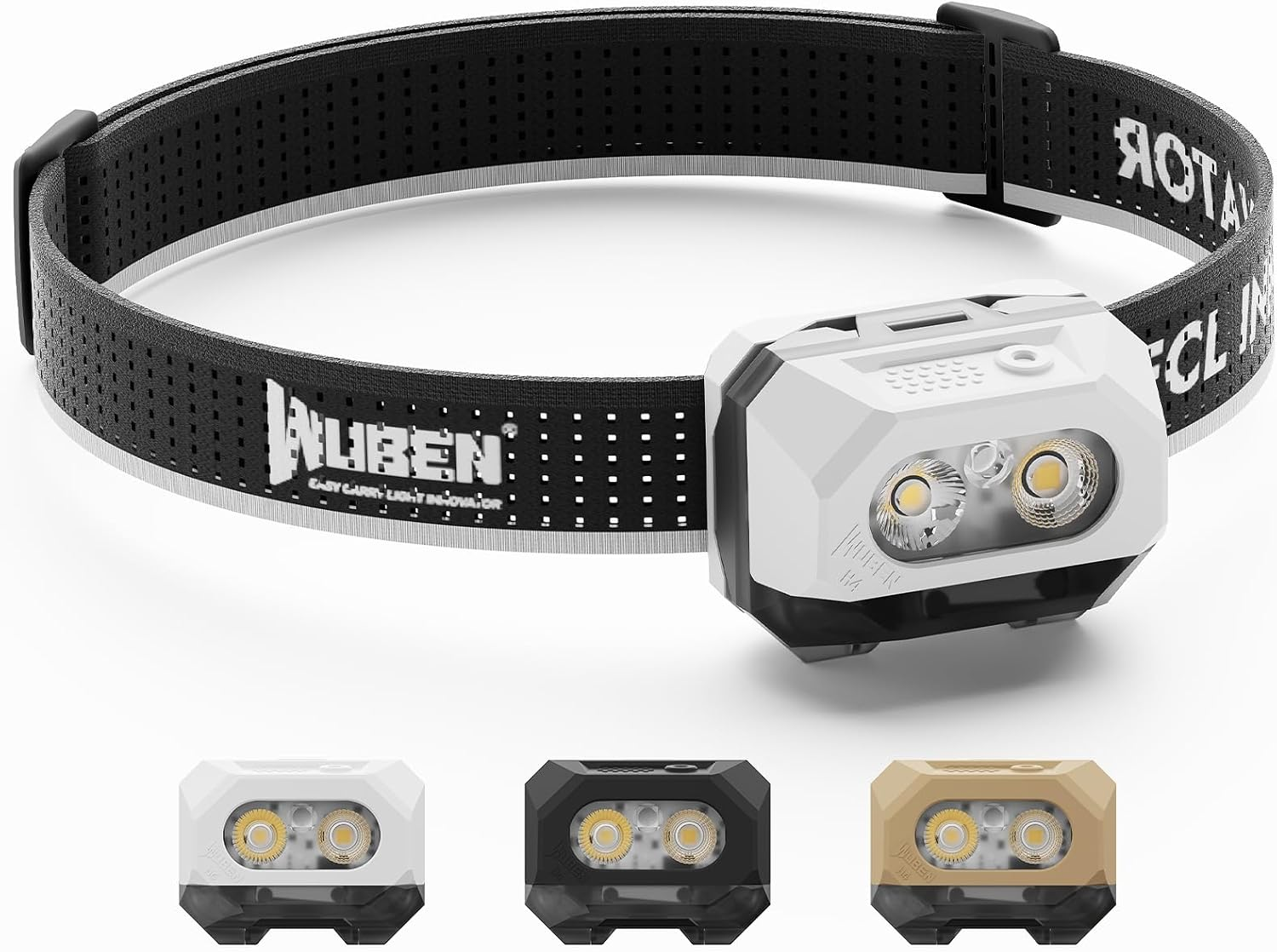 Weiße LED-Stinmleuchte mit schwarzem Stirnband und drei Farboptionen unten.
