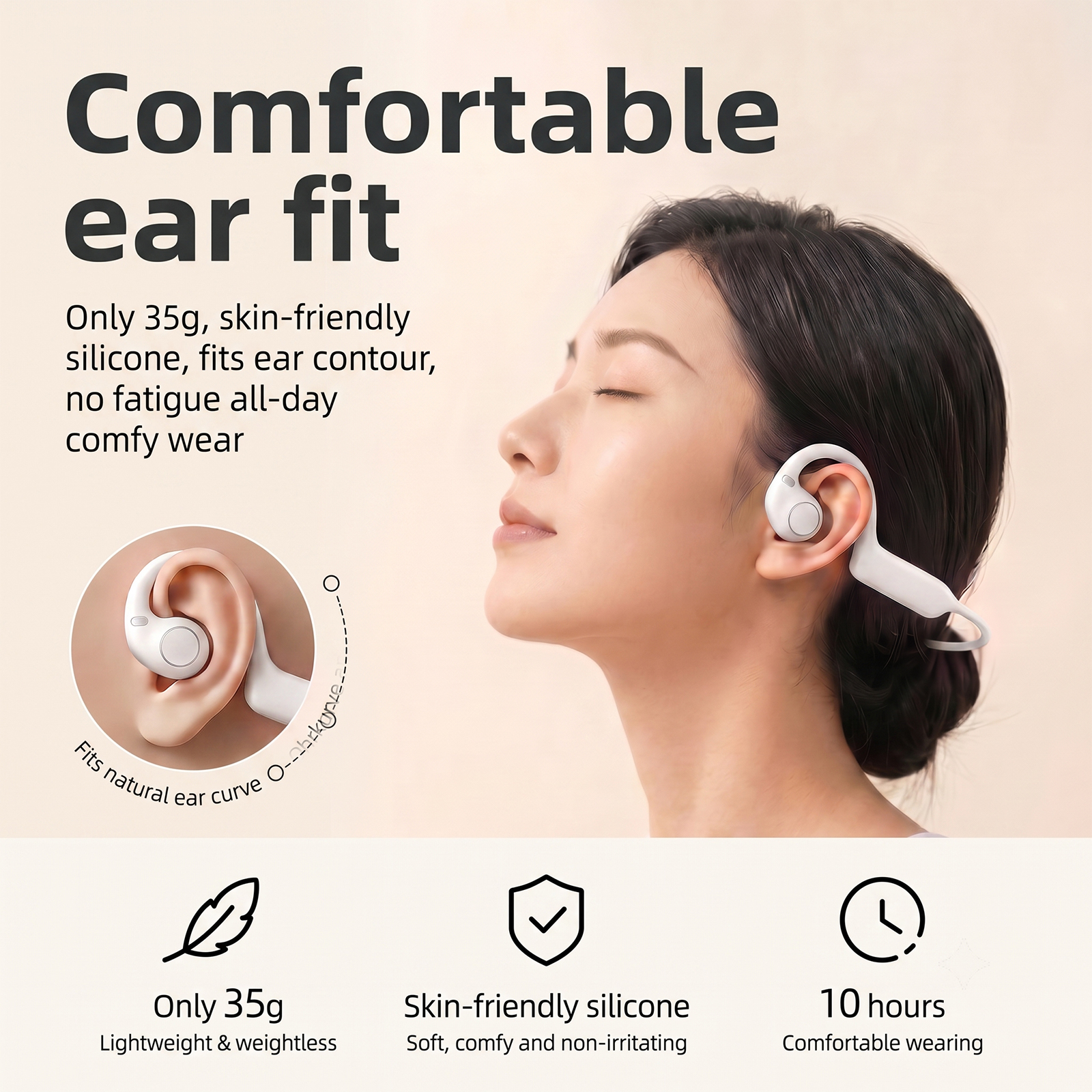 Una mujer con auriculares abiertos blancos, destacando la comodidad, peso de 35g y 10 horas de batería.