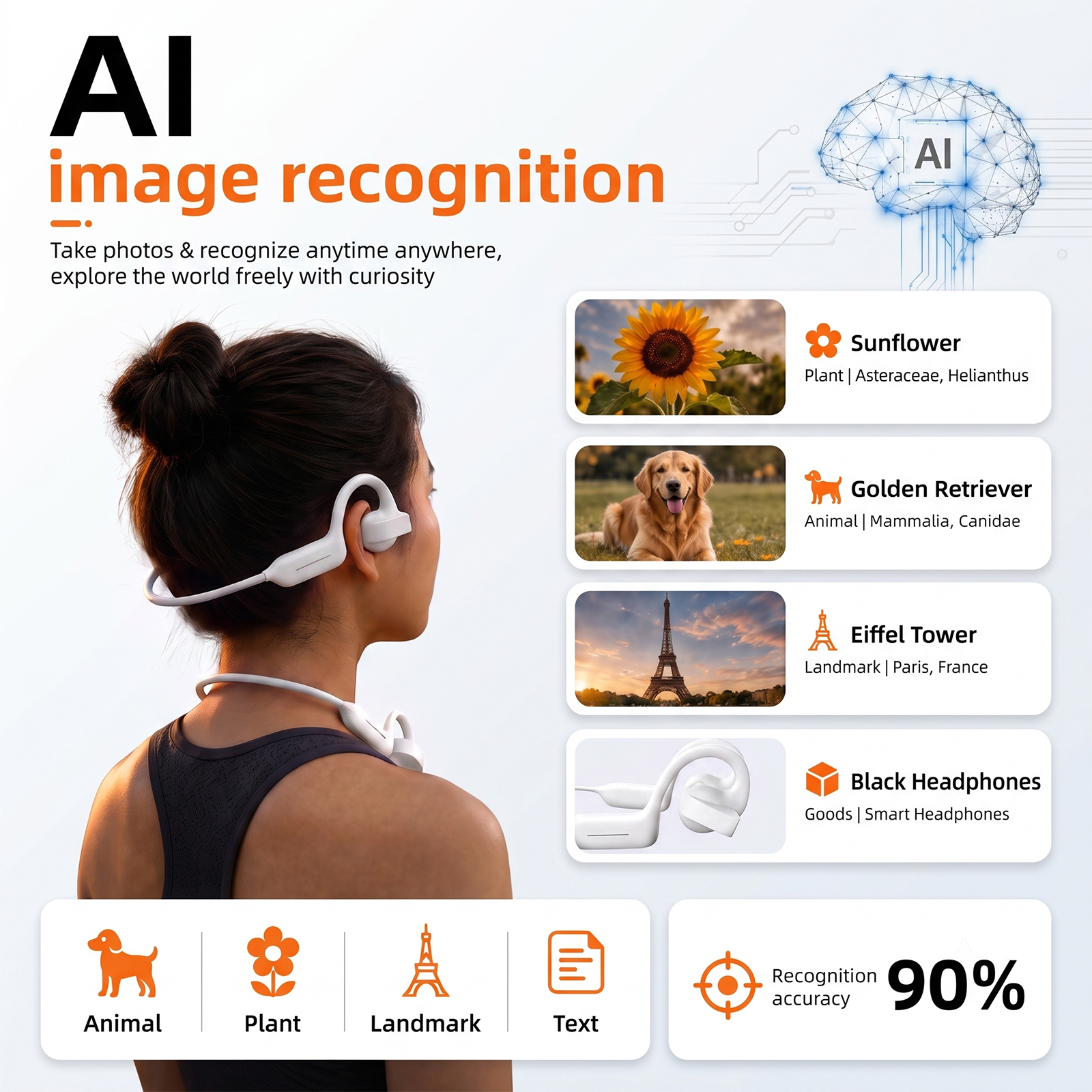 Infografía que muestra reconocimiento de imágenes por IA con una mujer con auriculares y ejemplos como girasol y Torre Eiffel.