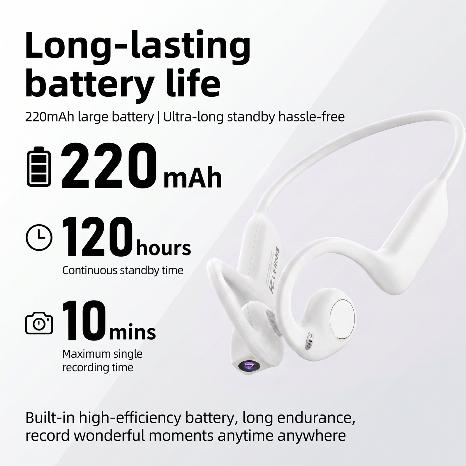 Auriculares de conducción ósea blancos con especificaciones de batería.