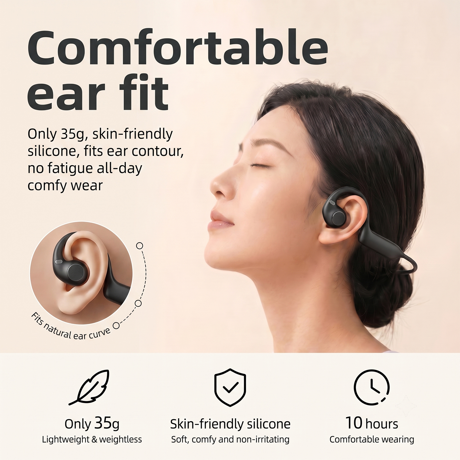 Una mujer con auriculares inalámbricos abiertos negros que destacan comodidad y ligereza.
