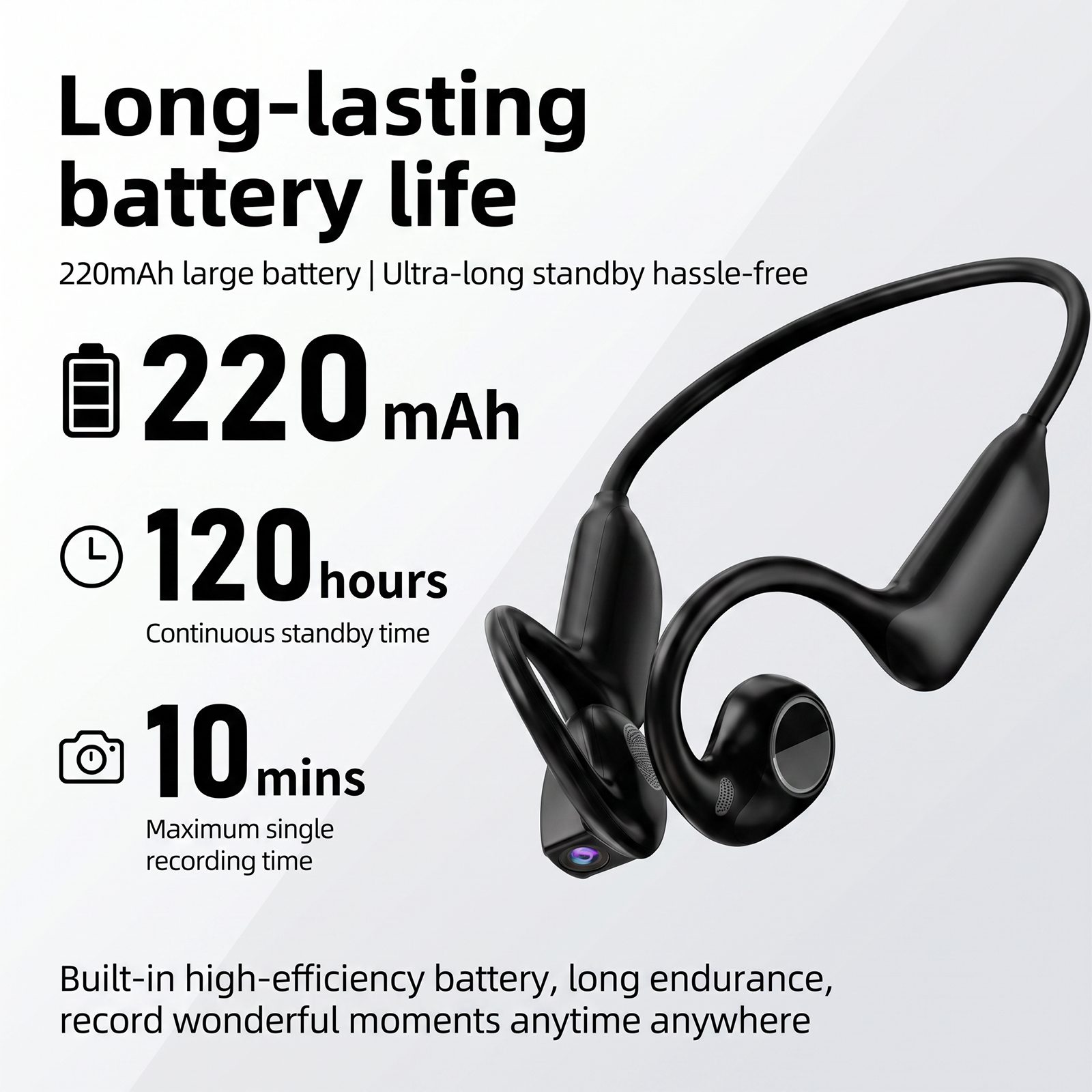 Auriculares de cuello negros con cámara y texto sobre duración de batería.