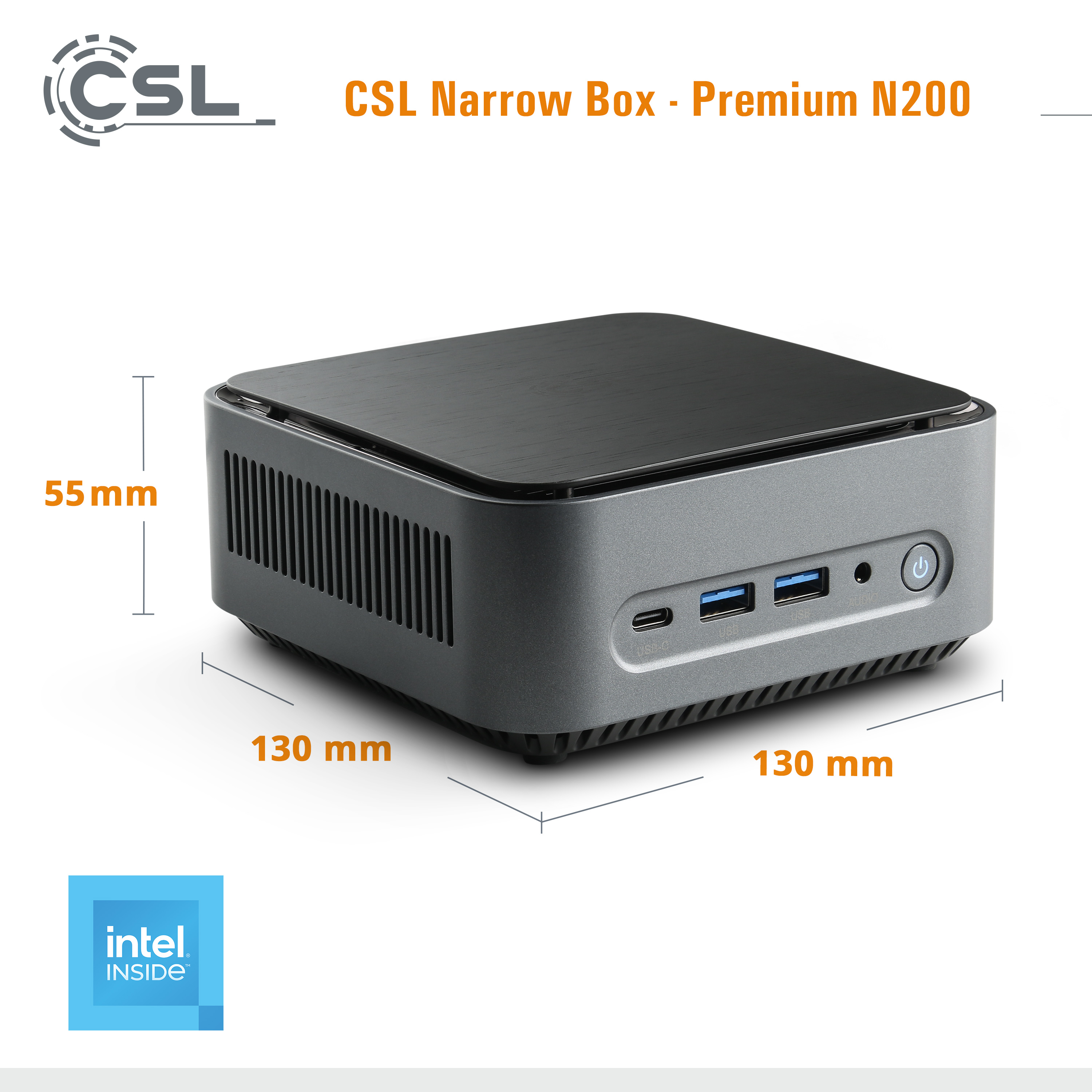CSL Narrow Box Premium N200 Mini-PC, Maße 130x130x55 mm, mit Anschlüssen und Intel Inside-Logo.