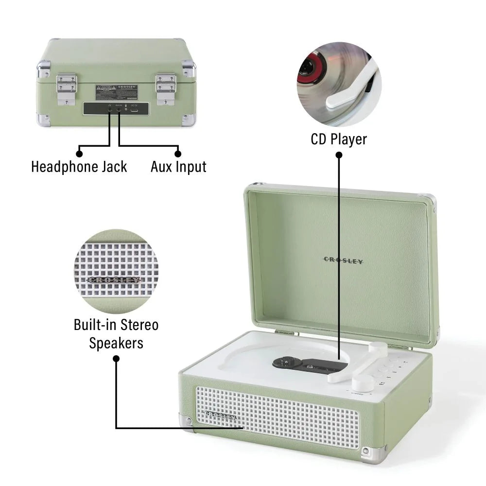 Grüner Crosley CD-Player im Kofferdesign mit integrierten Lautsprechern, Kopfhöreranschluss und AUX-Eingang.