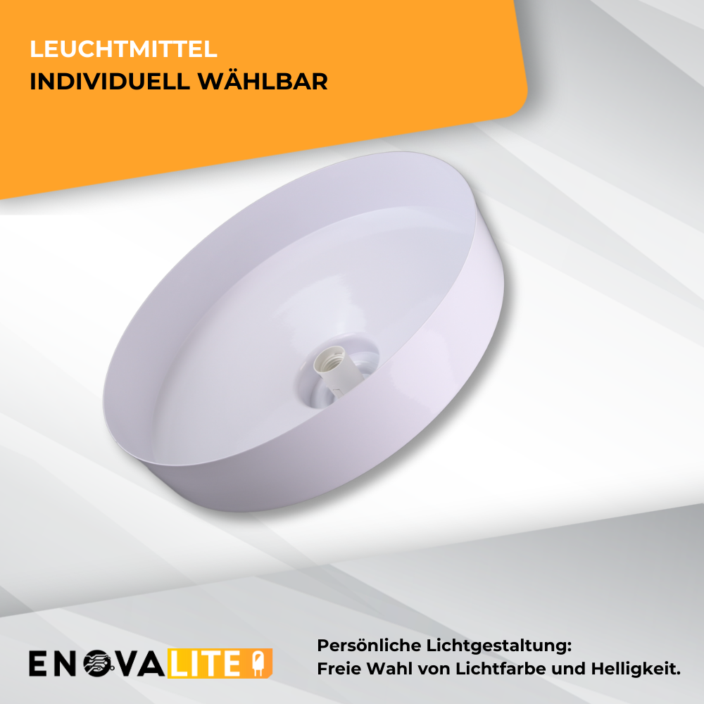 Eine weiße runde Deckenlampe mit einer Fassung in der Mitte auf grau-weißem Hintergrund mit Text.