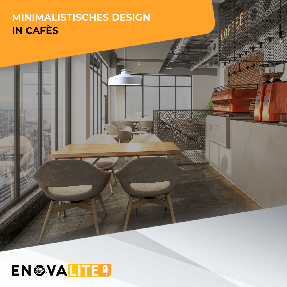 Moderne Café-Inneneinrichtung mit Holztischen, grauen Stühlen, einer Kaffeebar und großen Fenstern mit Ausblick.