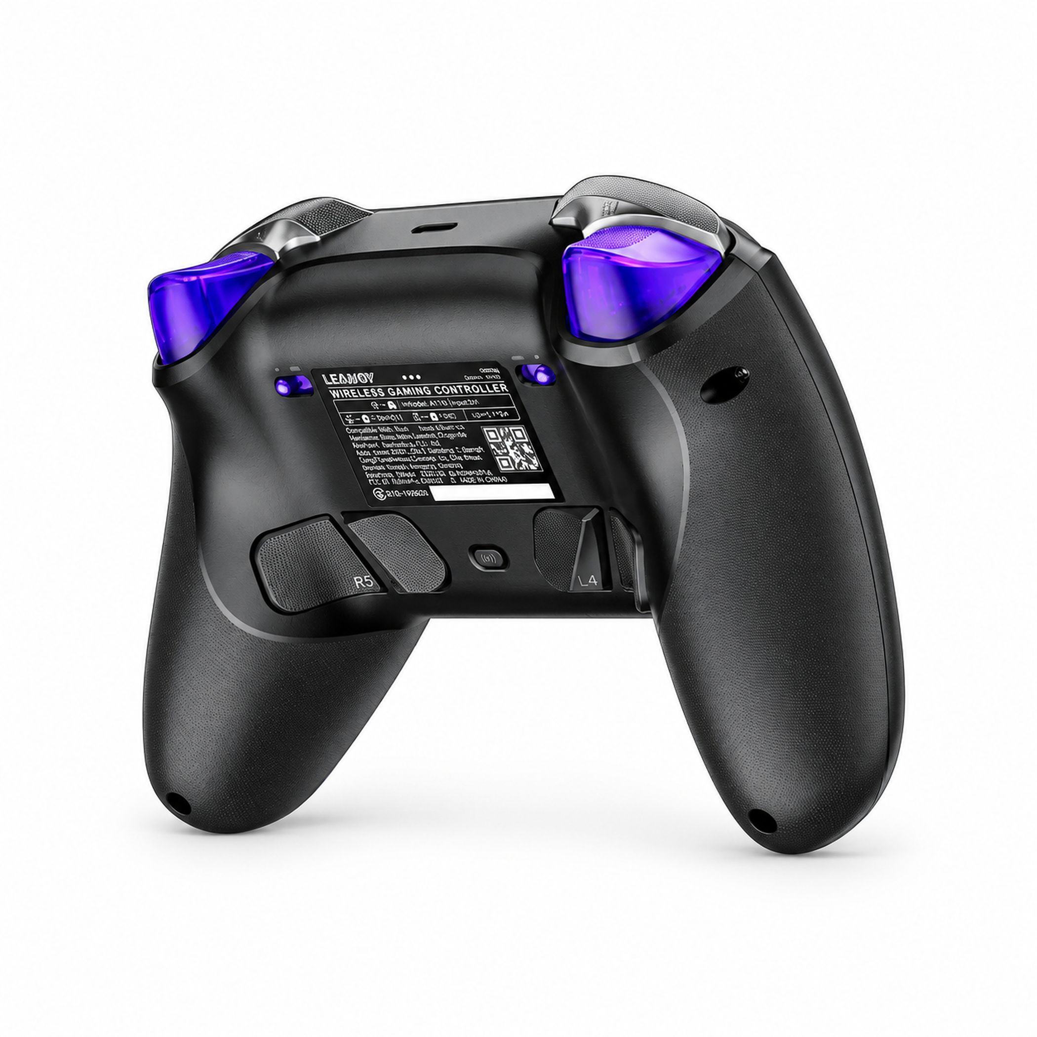 Rückseite eines schwarzen Wireless-Gaming-Controllers mit blauen Schultertasten und Etikett.