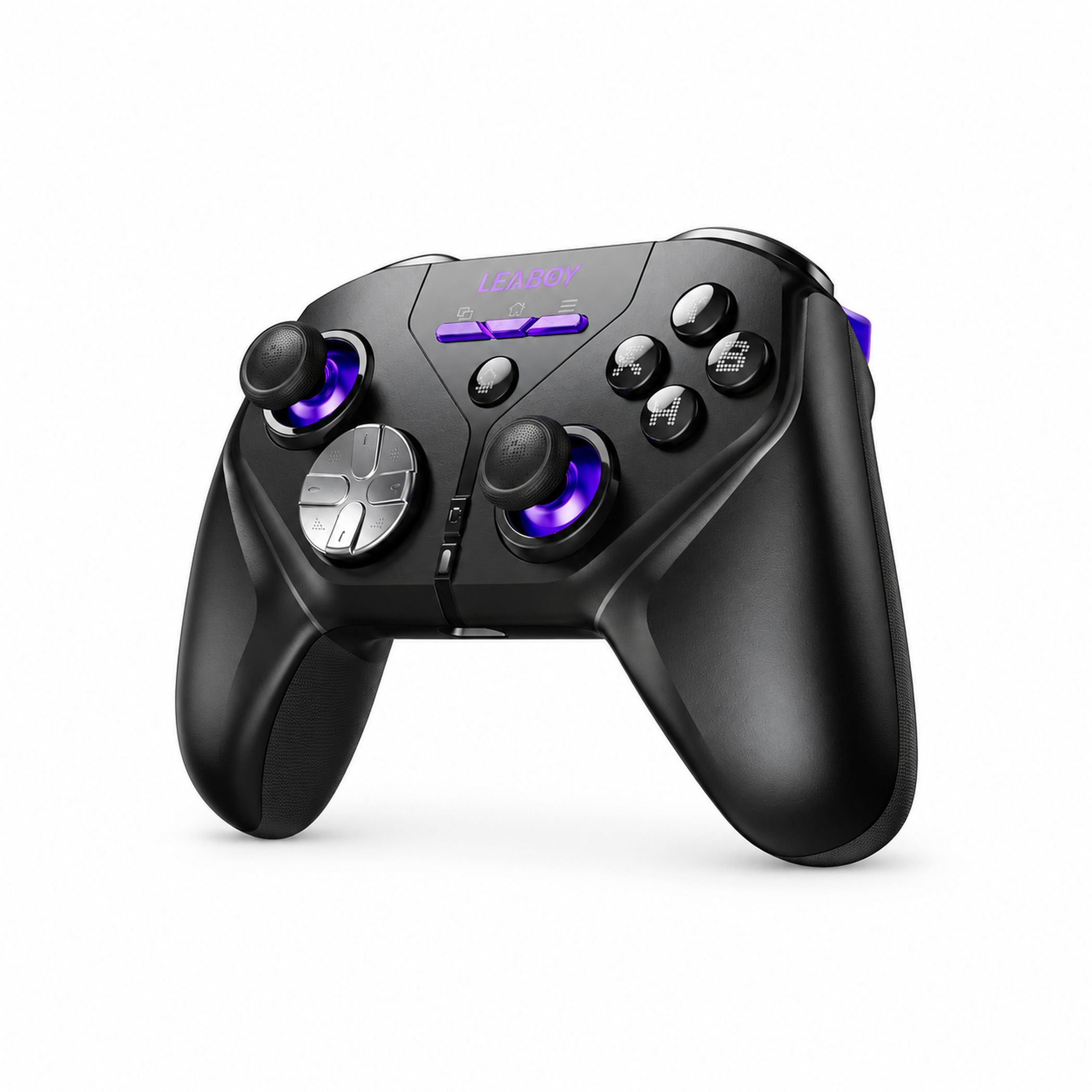 Ein schwarzer Gaming-Controller mit lila Akzenten, silbernem D-Pad und Joysticks vor weißem Hintergrund.