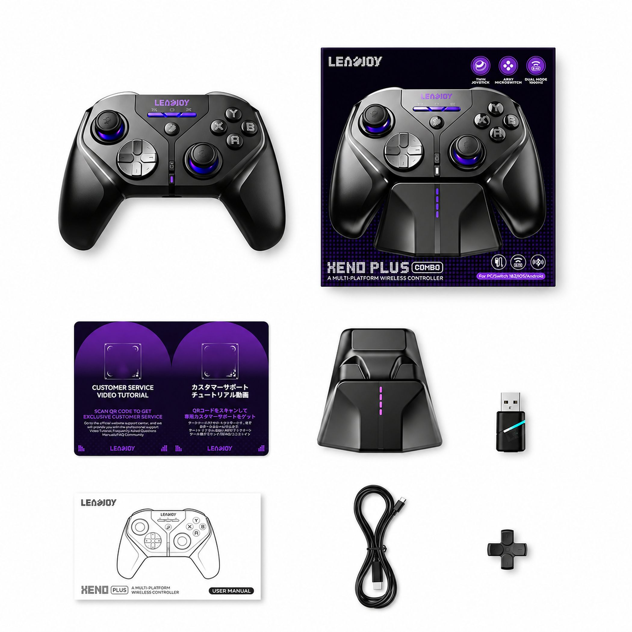 Schwarzer Lexip Wireless-Gamecontroller mit Verpackung, Ladestation, USB-Empfänger, Anleitung, Kabel und D-Pad.
