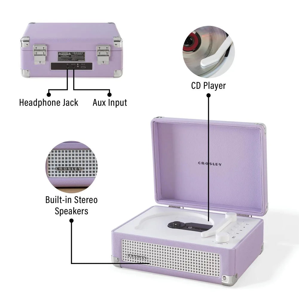 Lilablasser Crosley CD-Player mit eingebauten Lautsprechern und Anschlüssen.