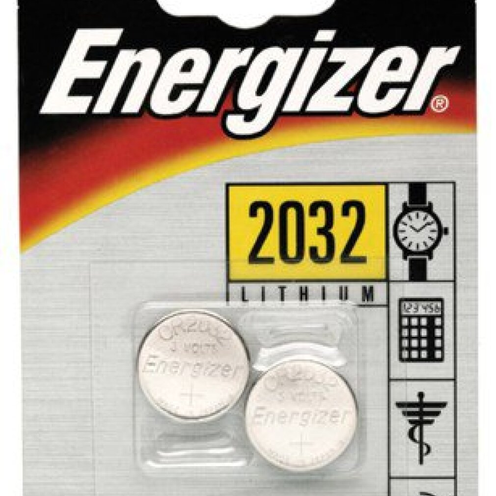 Embalaje de batería de botón de litio Energizer 2032 que muestra dos baterías plateadas e iconos de dispositivos.