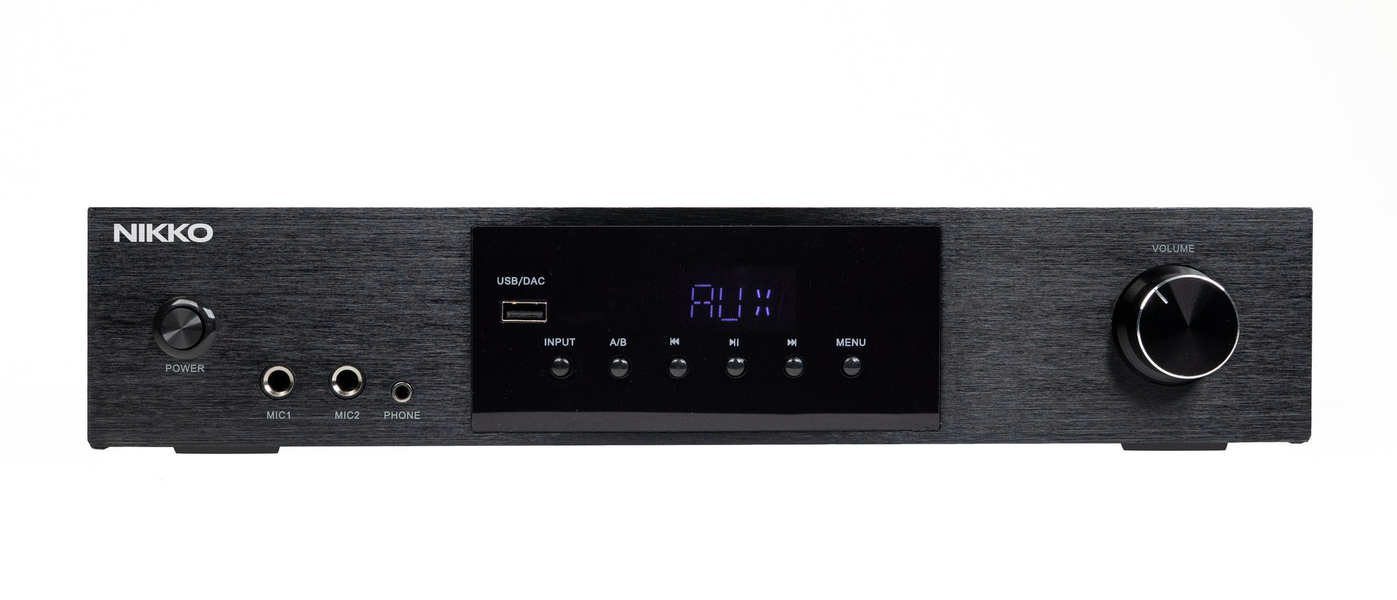 Schwarzer Nikko-Verstärker mit Display, USB-Port, Tasten, Mic-Anschlüssen und großem Lautstärkeregler.