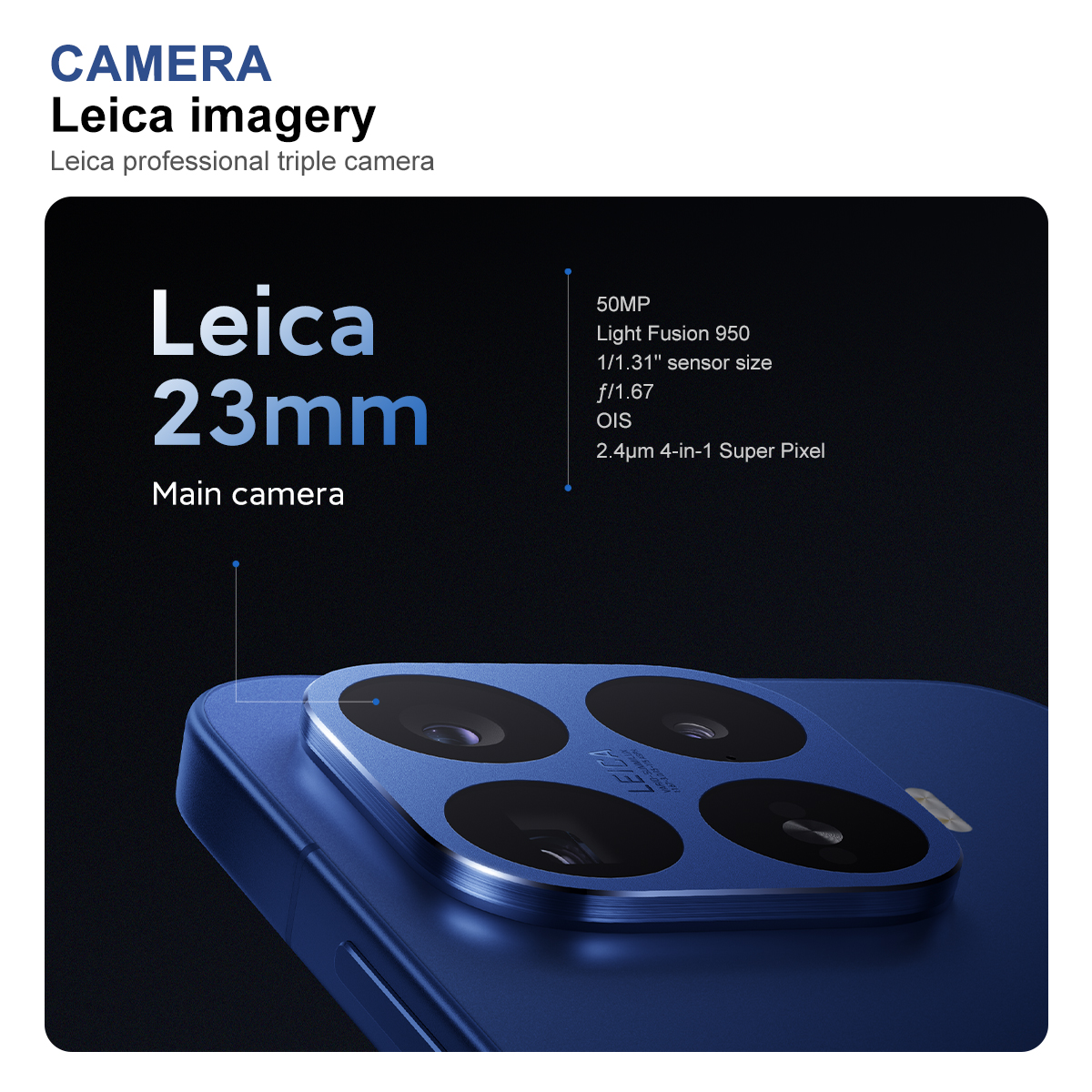 Primer plano de un teléfono azul que muestra su módulo de cámara triple Leica y especificaciones.