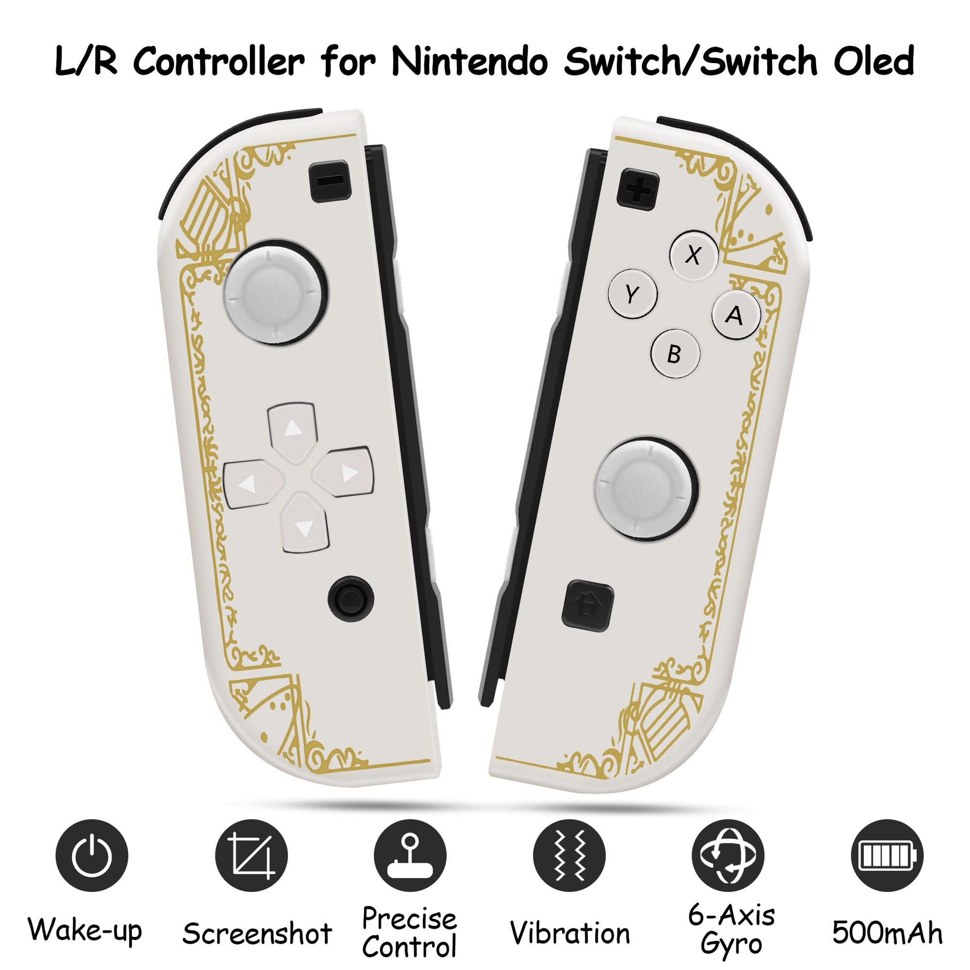 Weiße Nintendo Switch Controller mit goldenen Zelda-Mustern, Joysticks, Tasten und Funktionssymbolen unten.