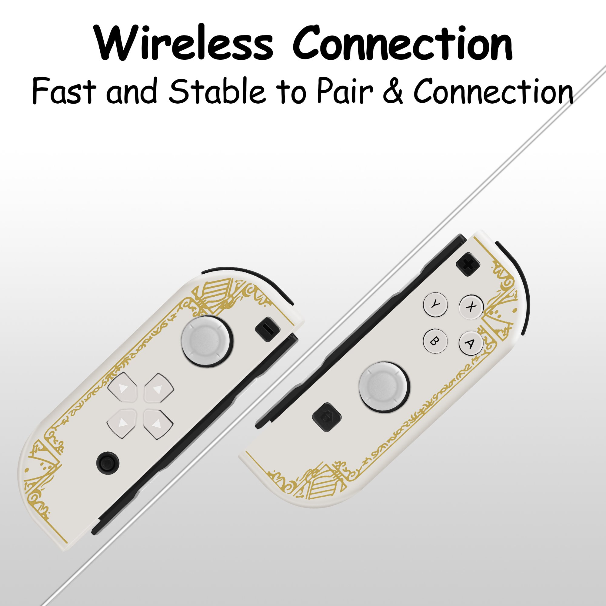 Zwei weiße Controller mit goldenen Mustern und schwarzen Akzenten auf weißem Hintergrund mit Text.
