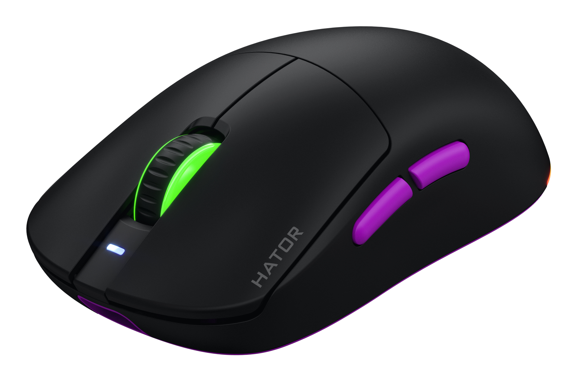 Beyaz arka plan üzerinde mor yan tuşları ve yeşil yanan tekerleği olan siyah kablosuz oyuncu mouse'u.