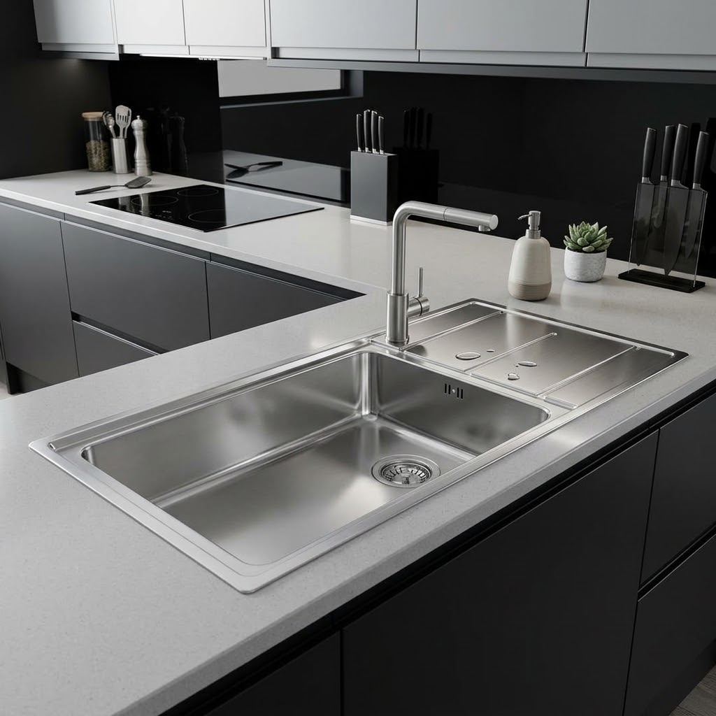 Un moderno lavello da cucina in acciaio inossidabile su piano bianco, con mobili scuri e un rubinetto elegante.