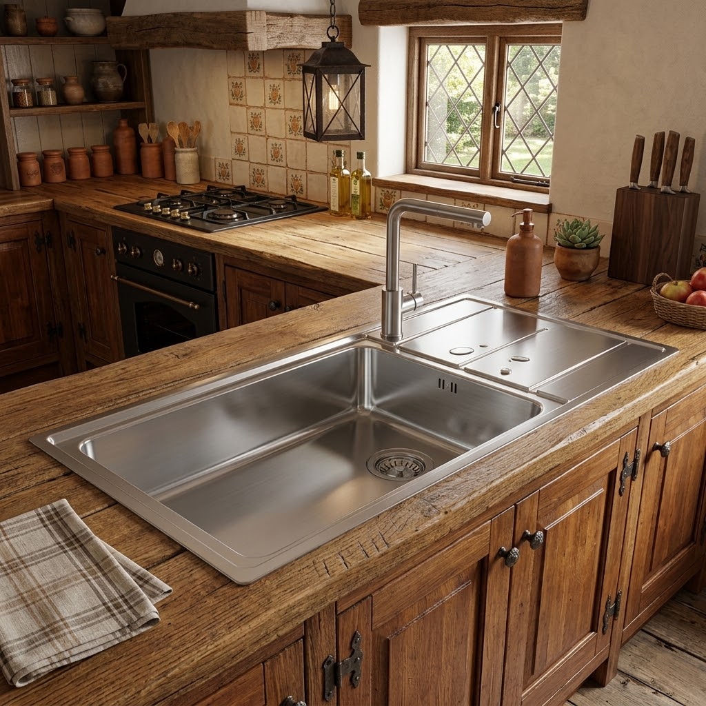 Un lavello in acciaio inox in una cucina rustica con banconi in legno e piastrelle.
