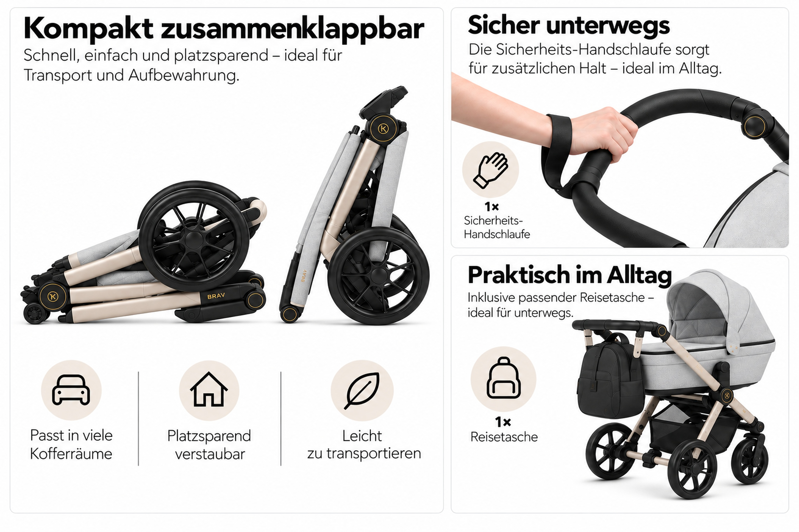 Ein faltbarer Kinderwagen in verschiedenen Ansichten mit Text und Symbolen für die Handhabung.